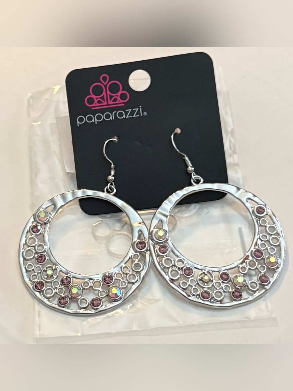 Paparazzi Silver Hoop Earrings with Purple and Iridescent Accents